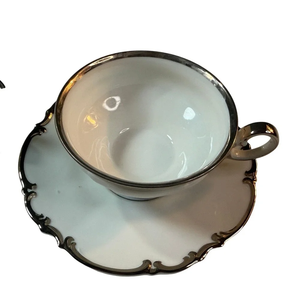 Vintage Porcelain‎ Tea Cup Saucer Set 2 Platinum Trim Scalloped Edge Bavaria MCM